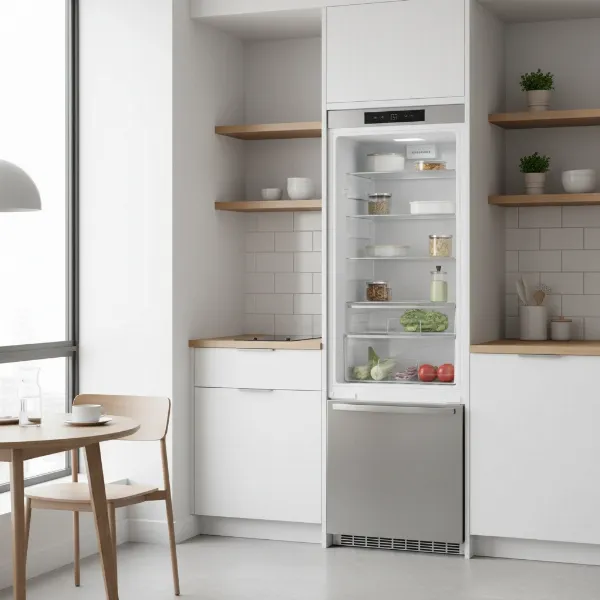 Compact apartment size refrigerator in a modern, small kitchen space with efficient design and ambient lighting