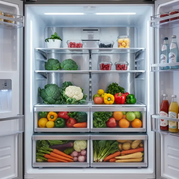 A close-up of the Dacor Renaissance 42-inch built-in refrigerator interior, showcasing stainless steel back wall and bright LED lighting, emphasizing the Metal Cooling feature.