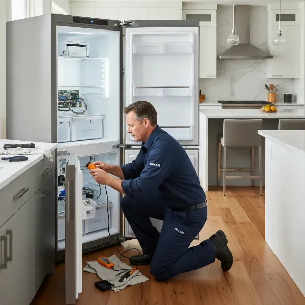 A technician inspecting a Dacor Renaissance 42-inch built-in refrigerator, highlighting the need for specialized repair services.