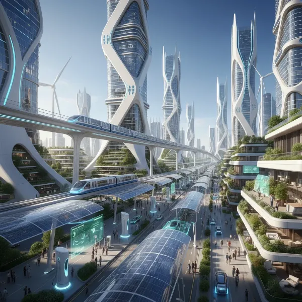 A futuristic cityscape with buildings featuring advanced, energy-efficient cooling units, and smart homes with sleek, silent refrigerators.