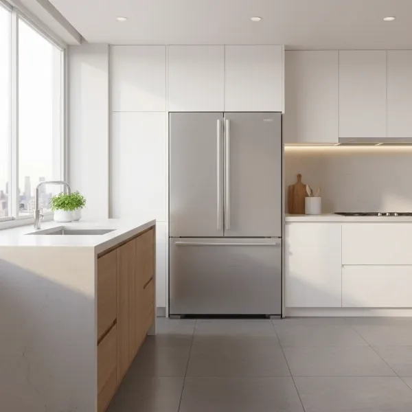 Haier HRF15N3AGS 4-Door French Door refrigerator in a modern compact kitchen