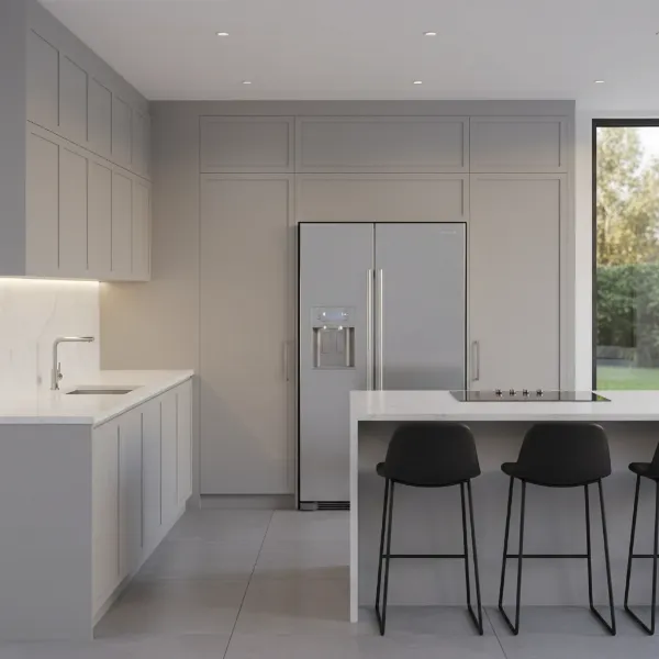 A sleek, modern kitchen with a newly installed Samsung RF28R7351SR French door refrigerator blending seamlessly into the cabinetry, illustrating good space planning.