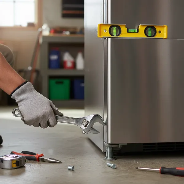 Adjusting refrigerator leveling feet with a wrench to achieve proper alignment and prevent door swings