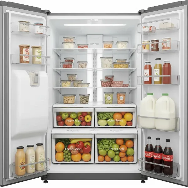 Maytag MFI2570FEZ refrigerator interior showcasing adjustable shelves and door bins for organized storage.