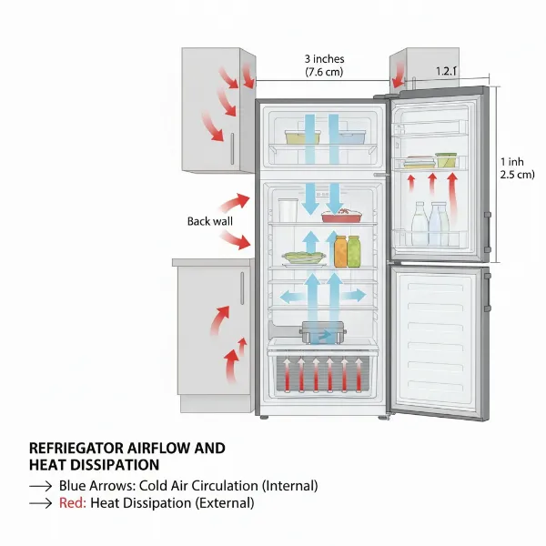 Diagram illustrating proper internal airflow and external clearance for a refrigerator to prevent cooling issues