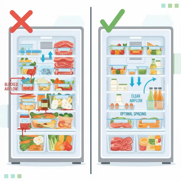 An illustration showing proper food placement and clearance around a refrigerator for optimal airflow.