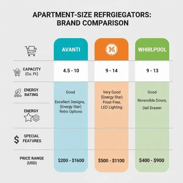 Infographic comparing features of different apartment size refrigerator brands like Avanti, LG, GE, Whirlpool