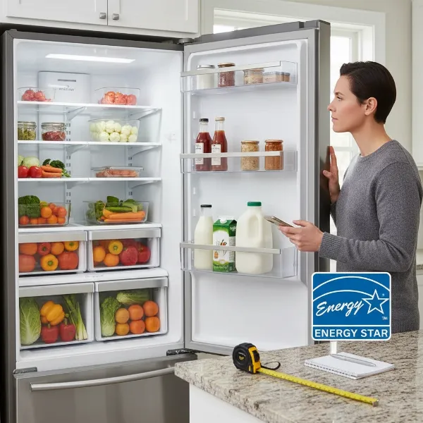 A person standing in front of an open refrigerator with food, making a choice, illustrating a buying decision