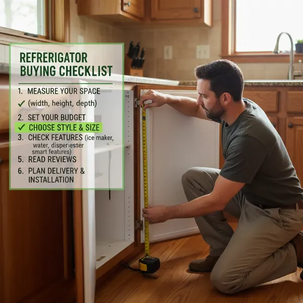 Person using a measuring tape to measure kitchen space for a new refrigerator, with a checklist overlay