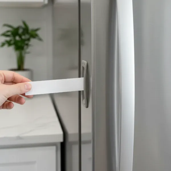 A close-up of a refrigerator door seal being tested with a piece of paper, showing a potential gap.