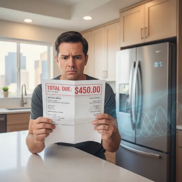 A person looking concerned at a high energy bill next to a constantly running refrigerator, illustrating the cost.