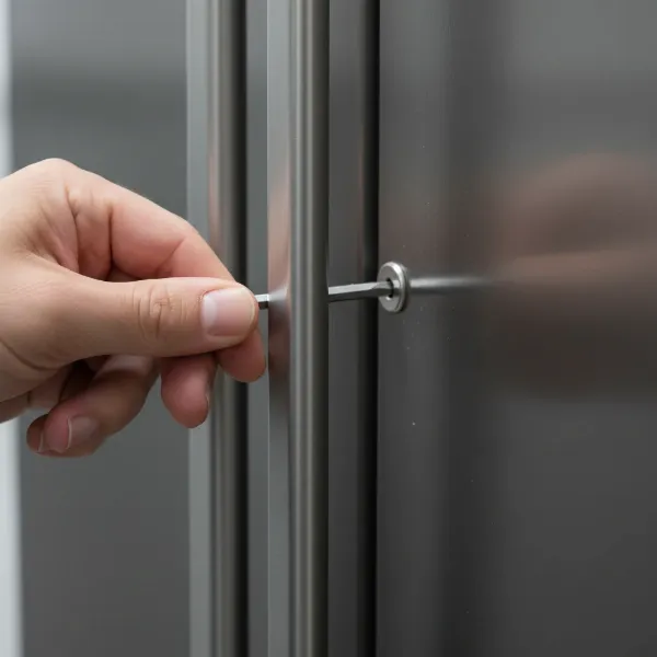 A hand using an Allen wrench to tighten a set screw on a modern stainless steel refrigerator door handle. The handle is sleek, and the focus is on the repair process.