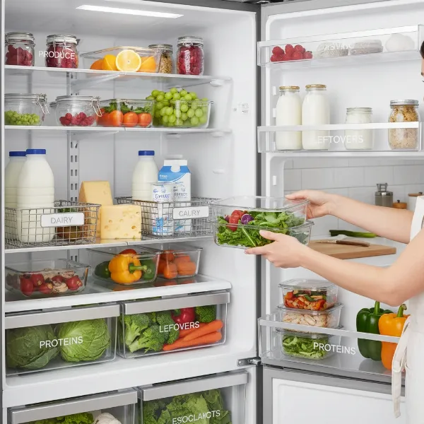 Hands organizing food efficiently inside a clean, well-lit refrigerator, with labels on shelves and fresh produce neatly stored.