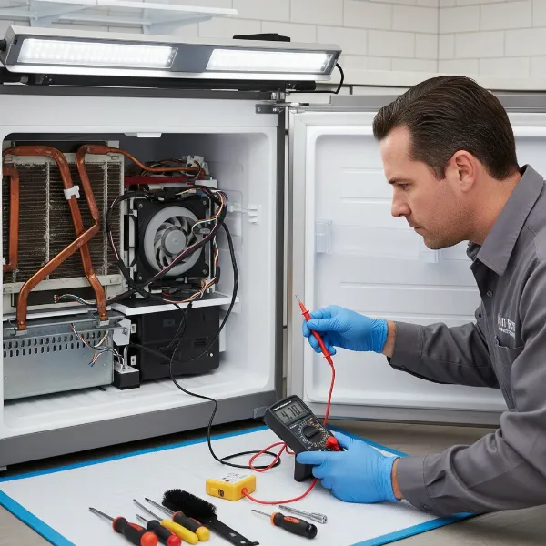A technician using a multimeter to test a refrigerator's temperature sensor (thermistor).