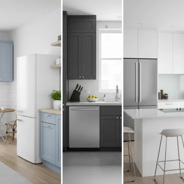 Illustrative comparison of top-freezer, bottom-freezer, and side-by-side apartment size refrigerators in a kitchen setting