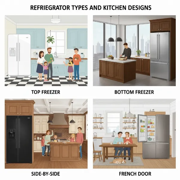 Different types of refrigerators in a kitchen setting