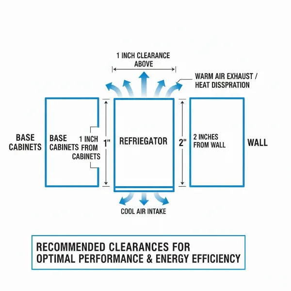 A diagram illustrating the recommended clearance space around a refrigerator for optimal ventilation.
