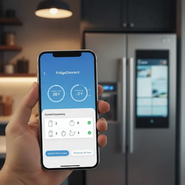 A person interacting with a smart refrigerator app on a smartphone, showing connectivity and remote control of the appliance.