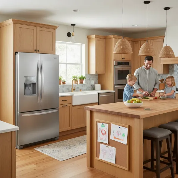 A sleek Whirlpool WRX986SIHZ refrigerator in a modern family kitchen, highlighting its French door design and stainless steel finish.