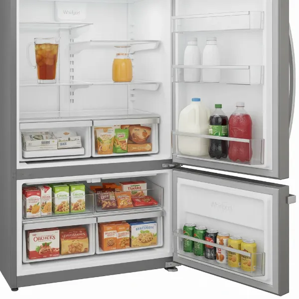 A detailed view of the Whirlpool WRX986SIHZ refrigerator interior, showcasing its adjustable shelves, gallon door bins, and the exterior drawer filled with snacks.