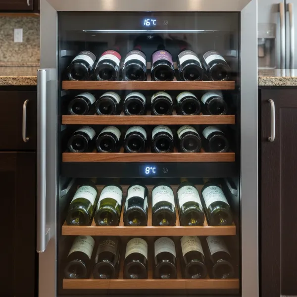 Neatly organized wine bottles inside a dual zone wine refrigerator, with reds in one section and whites in another, showing good storage practices