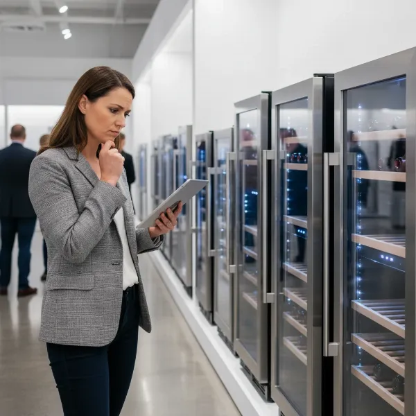 A person thoughtfully looking at different wine refrigerators with a checklist or tablet in hand, representing the buying guide decision process